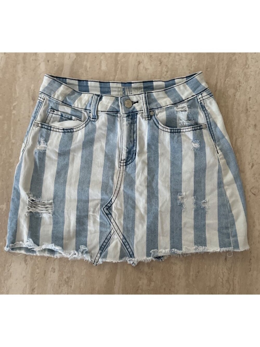 Y2K Striped Denim Mini Skirt Womens 1 Coastal 90s Grunge Retro Beach Blue White